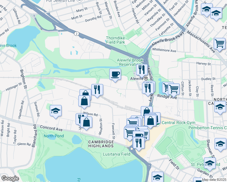 map of restaurants, bars, coffee shops, grocery stores, and more near 150 Cambridgepark Drive in Cambridge