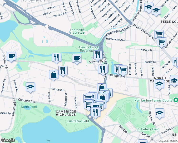 map of restaurants, bars, coffee shops, grocery stores, and more near 50 Cambridgepark Drive in Cambridge