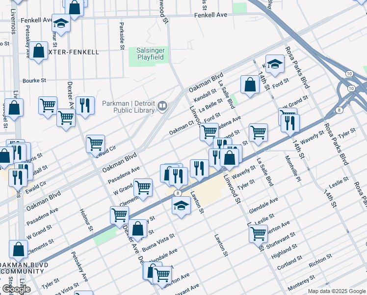 map of restaurants, bars, coffee shops, grocery stores, and more near 2711 Pasadena Street in Detroit