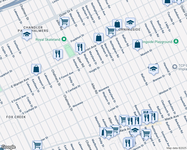 map of restaurants, bars, coffee shops, grocery stores, and more near 4449 Wayburn Avenue in Detroit