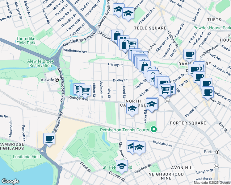 map of restaurants, bars, coffee shops, grocery stores, and more near 36 Montgomery Street in Cambridge