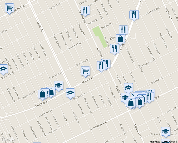 map of restaurants, bars, coffee shops, grocery stores, and more near 3454 Bishop Street in Detroit
