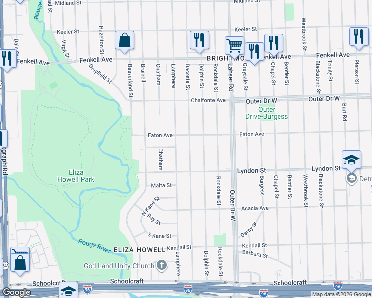map of restaurants, bars, coffee shops, grocery stores, and more near 14597 Dacosta Street in Detroit