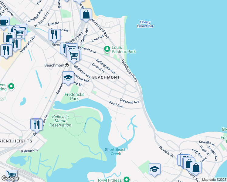 map of restaurants, bars, coffee shops, grocery stores, and more near 903 Winthrop Avenue in Revere