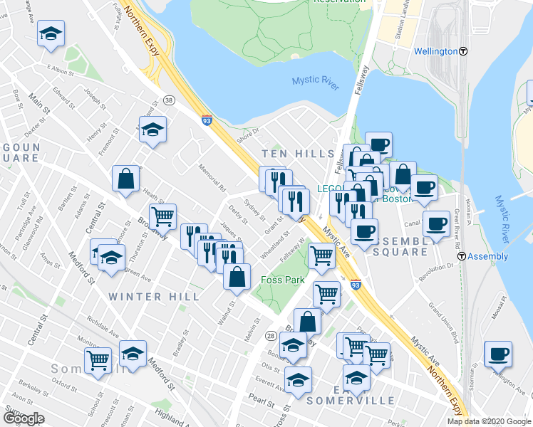 map of restaurants, bars, coffee shops, grocery stores, and more near 43 Sydney Street in Somerville