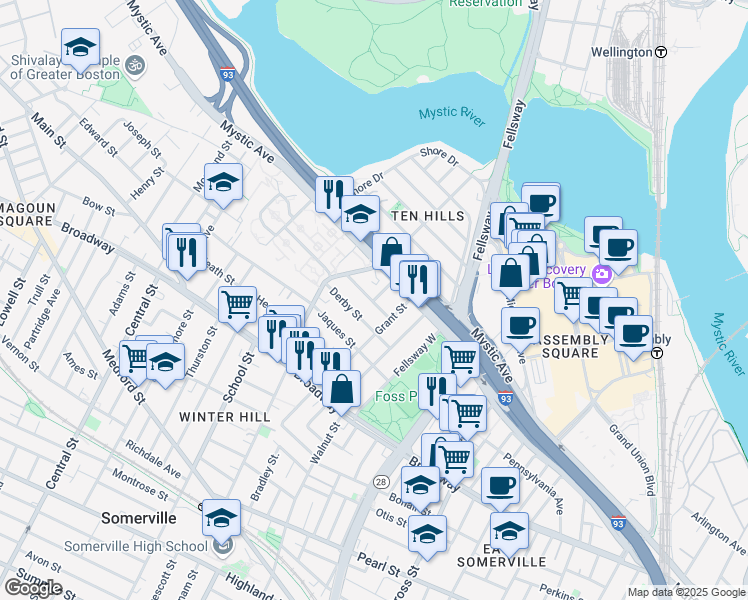 map of restaurants, bars, coffee shops, grocery stores, and more near 43 Sydney Street in Somerville