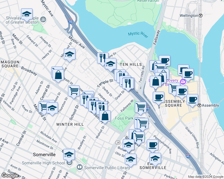 map of restaurants, bars, coffee shops, grocery stores, and more near 43 Sydney Street in Somerville