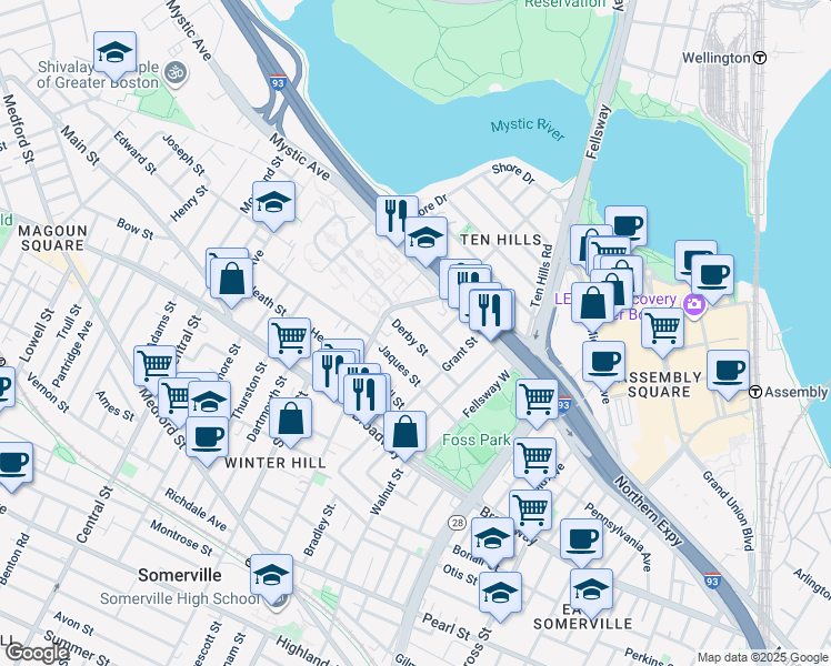 map of restaurants, bars, coffee shops, grocery stores, and more near 64 Derby Street in Somerville