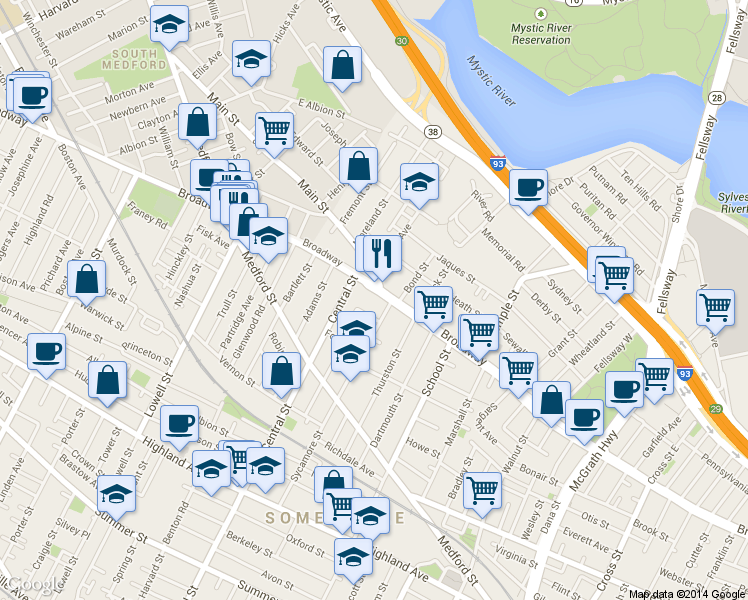 map of restaurants, bars, coffee shops, grocery stores, and more near 201 Central Street in Somerville