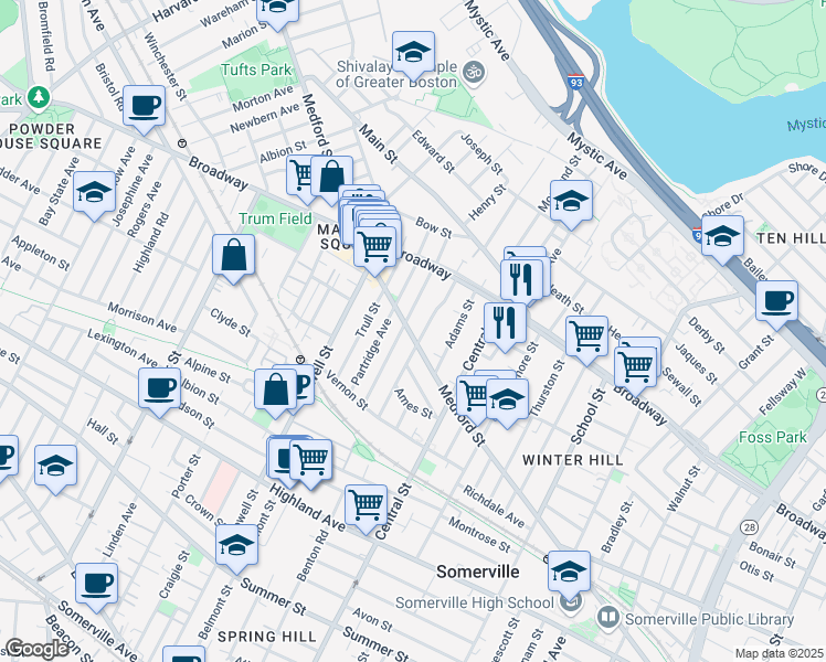 map of restaurants, bars, coffee shops, grocery stores, and more near 81 Bartlett Street in Somerville