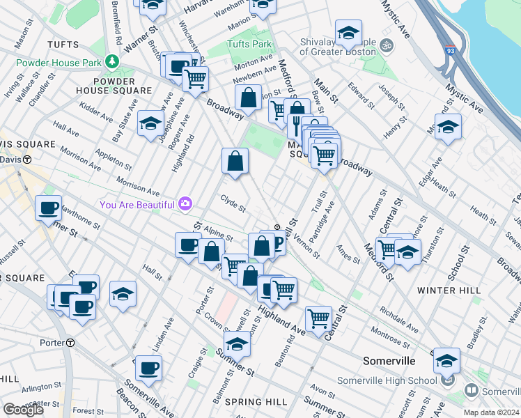 map of restaurants, bars, coffee shops, grocery stores, and more near 58 Clyde Street in Somerville