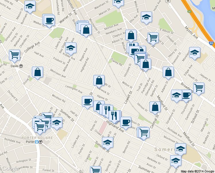 map of restaurants, bars, coffee shops, grocery stores, and more near 29 Clyde Street in Somerville