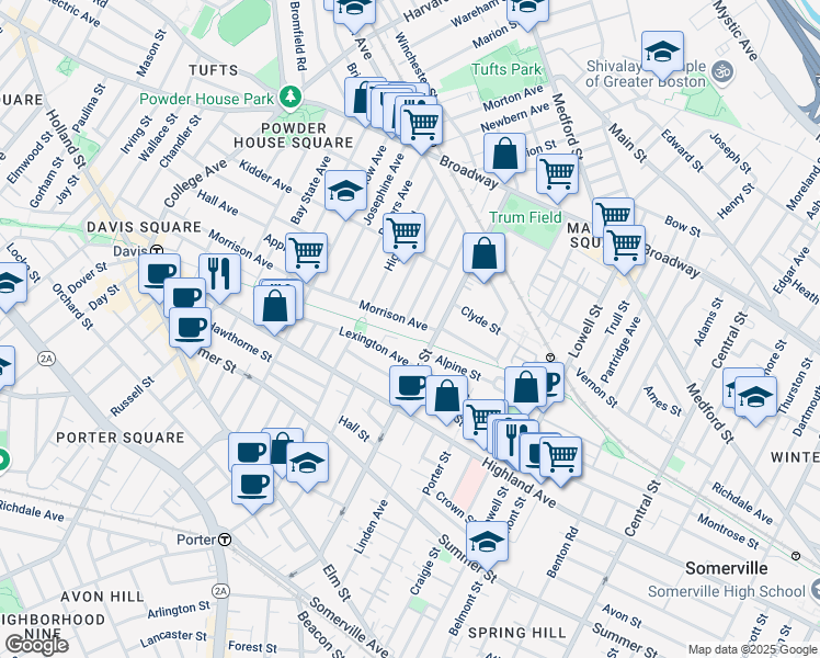 map of restaurants, bars, coffee shops, grocery stores, and more near in Somerville