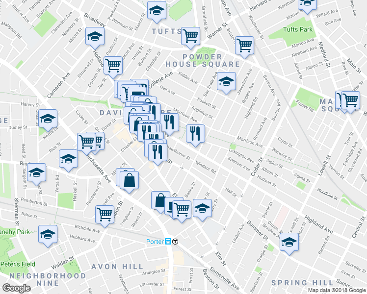map of restaurants, bars, coffee shops, grocery stores, and more near 362A Highland Avenue in Somerville