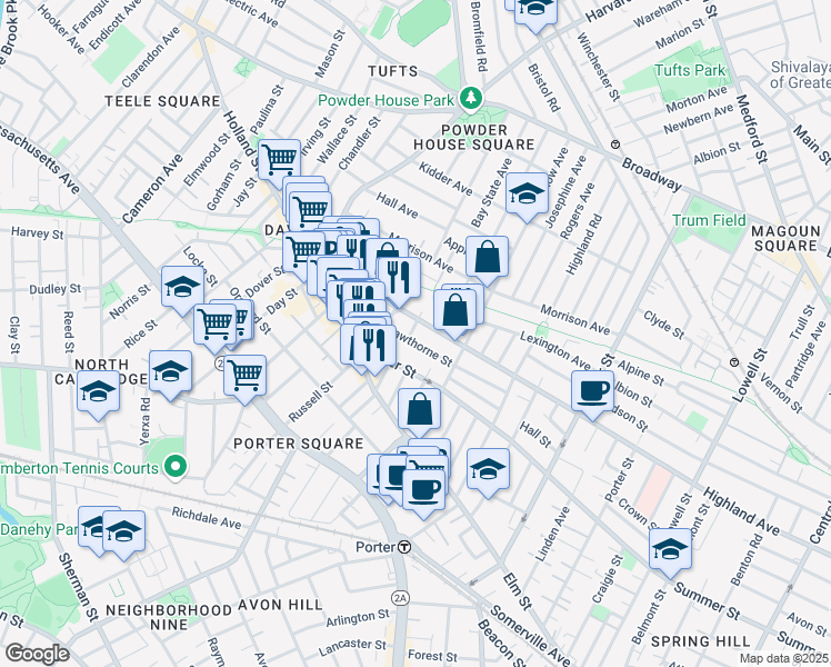 map of restaurants, bars, coffee shops, grocery stores, and more near 362A Highland Avenue in Somerville