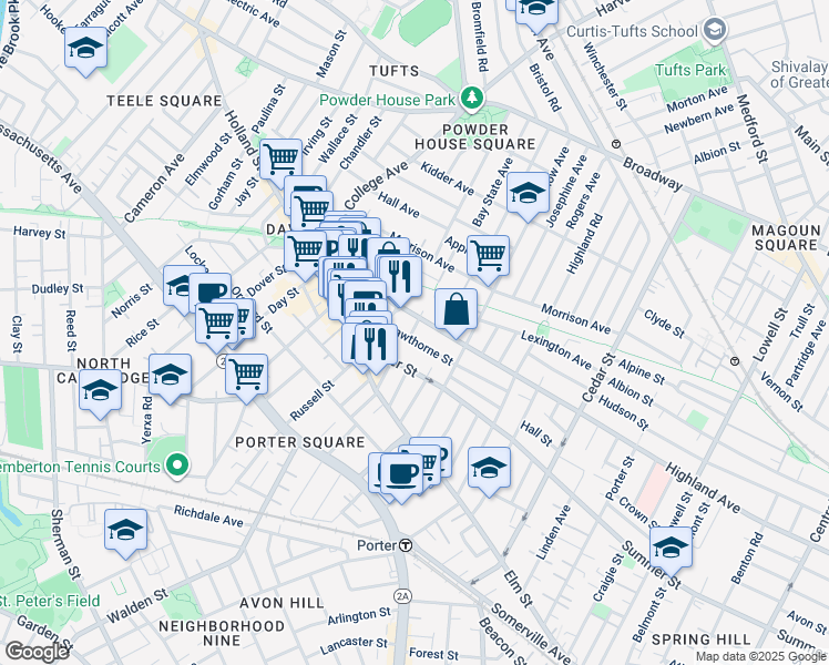 map of restaurants, bars, coffee shops, grocery stores, and more near 378 Highland Avenue in Somerville