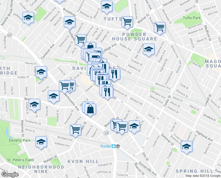 map of restaurants, bars, coffee shops, grocery stores, and more near 378 Highland Avenue in Somerville