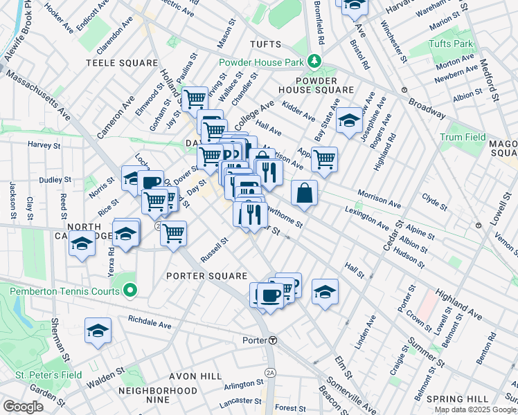 map of restaurants, bars, coffee shops, grocery stores, and more near 378 Highland Avenue in Somerville