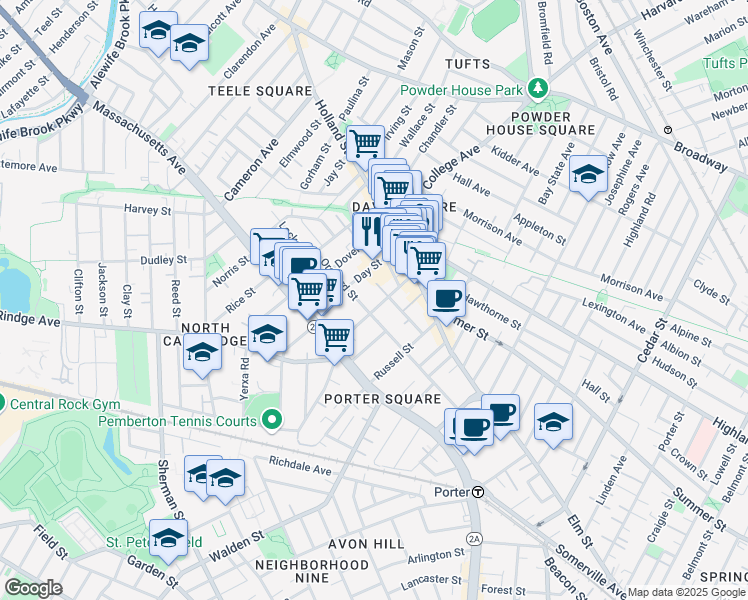 map of restaurants, bars, coffee shops, grocery stores, and more near 123 Orchard Street in Somerville