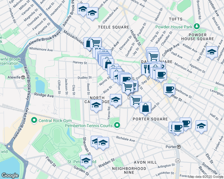 map of restaurants, bars, coffee shops, grocery stores, and more near 24 Rice Street in Cambridge