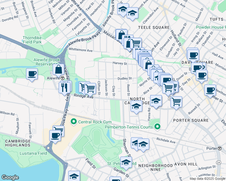 map of restaurants, bars, coffee shops, grocery stores, and more near 34 Clay Street in Cambridge