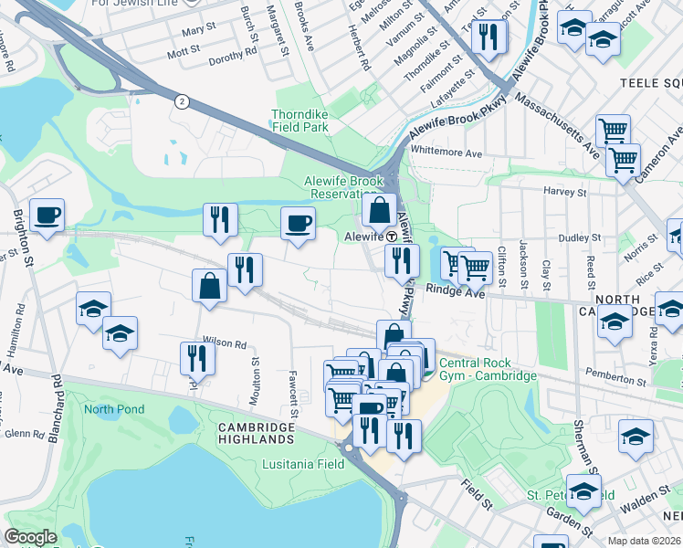 map of restaurants, bars, coffee shops, grocery stores, and more near 54 Cambridgepark Drive in Cambridge