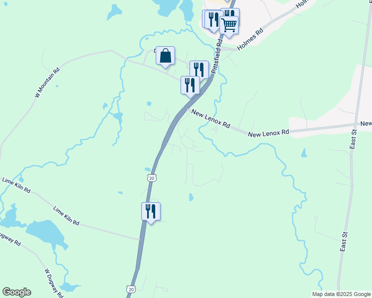 map of restaurants, bars, coffee shops, grocery stores, and more near 16 Meadow Lane in Lenox