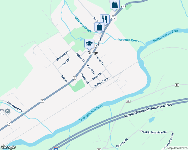 map of restaurants, bars, coffee shops, grocery stores, and more near 5 Follett Street in Otego