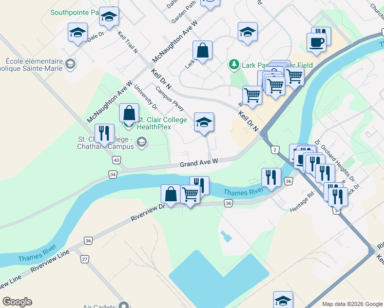 map of restaurants, bars, coffee shops, grocery stores, and more near 925 Grand Avenue West in Chatham-Kent