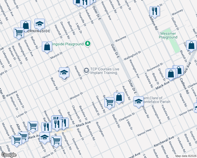 map of restaurants, bars, coffee shops, grocery stores, and more near 3927 3 Mile Drive in Detroit
