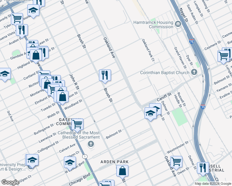 map of restaurants, bars, coffee shops, grocery stores, and more near 568 Englewood Street in Detroit