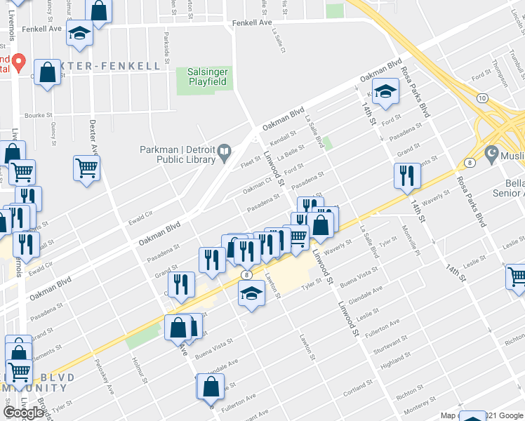 map of restaurants, bars, coffee shops, grocery stores, and more near 2711 Pasadena Street in Detroit