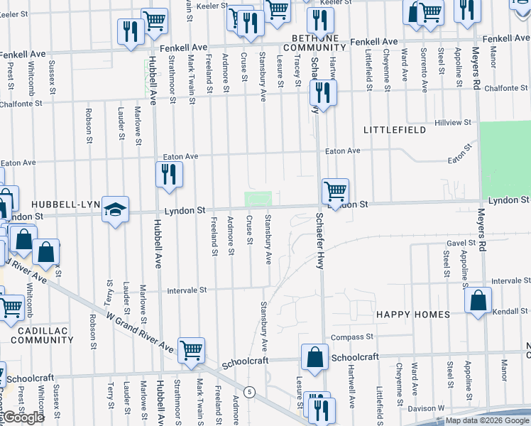 map of restaurants, bars, coffee shops, grocery stores, and more near 14436 Cruse Street in Detroit