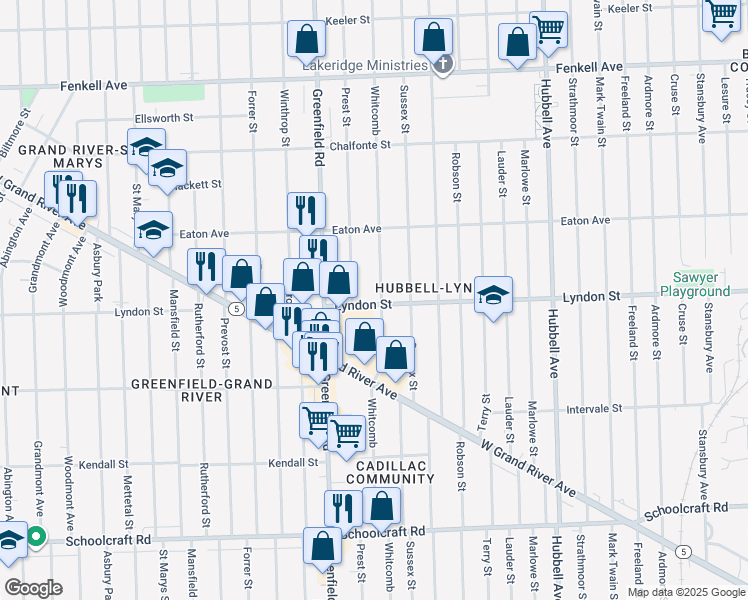 map of restaurants, bars, coffee shops, grocery stores, and more near 14501 Whitcomb in Detroit