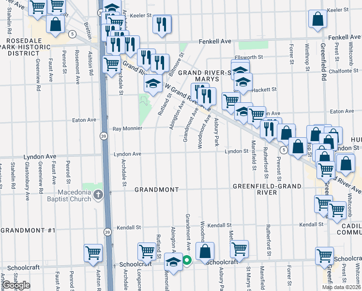 map of restaurants, bars, coffee shops, grocery stores, and more near 14515 Grandmont Avenue in Detroit