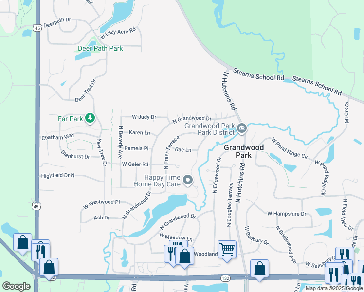 map of restaurants, bars, coffee shops, grocery stores, and more near 18454 Rae Lane in Gurnee