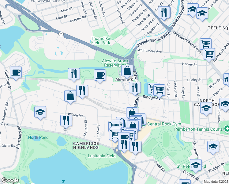 map of restaurants, bars, coffee shops, grocery stores, and more near 50 Cambridgepark Drive in Cambridge