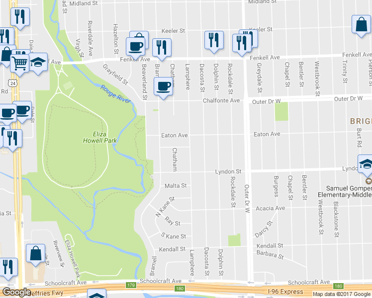 map of restaurants, bars, coffee shops, grocery stores, and more near 14601 Lamphere in Detroit