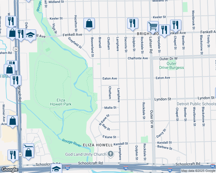 map of restaurants, bars, coffee shops, grocery stores, and more near 14601 Chatham in Detroit