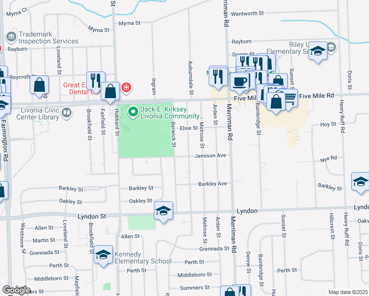 map of restaurants, bars, coffee shops, grocery stores, and more near 14957 Auburndale Street in Livonia