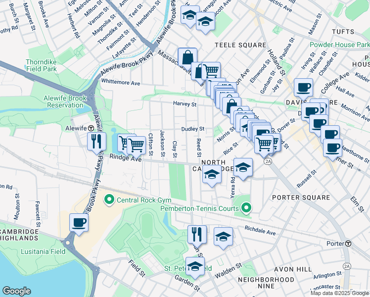 map of restaurants, bars, coffee shops, grocery stores, and more near 36 Montgomery Street in Cambridge