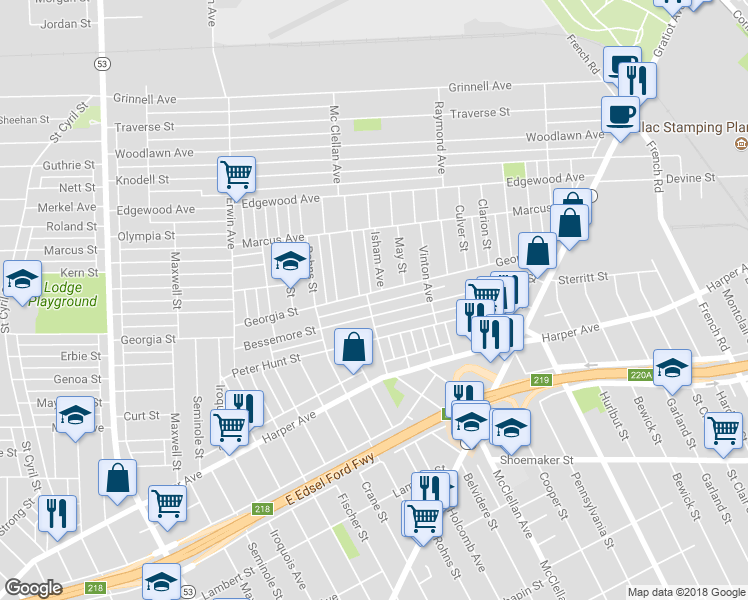 map of restaurants, bars, coffee shops, grocery stores, and more near 9300 Georgia Street in Detroit