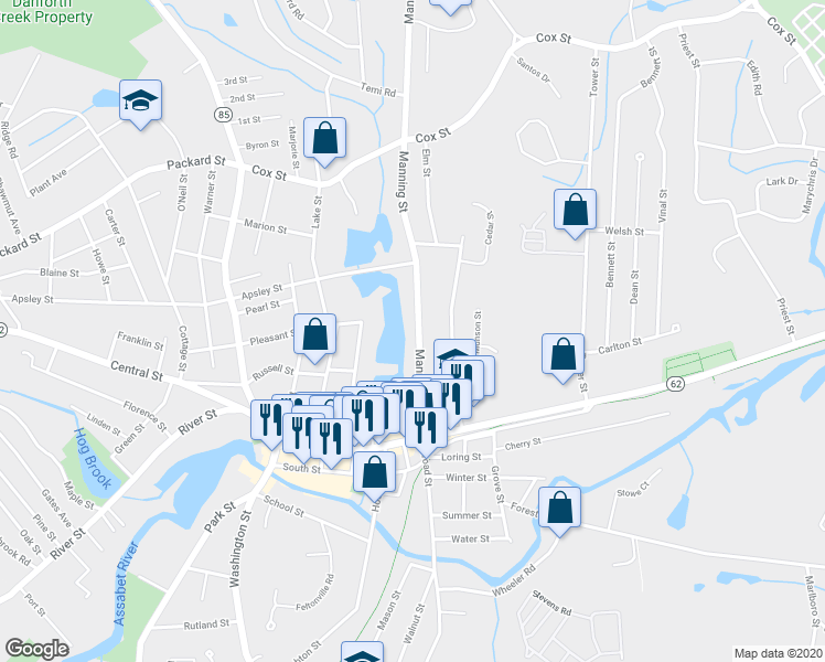map of restaurants, bars, coffee shops, grocery stores, and more near 52 Manning Street in Hudson