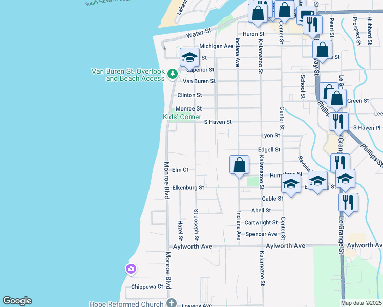 map of restaurants, bars, coffee shops, grocery stores, and more near 810 Saint Joseph Street in South Haven
