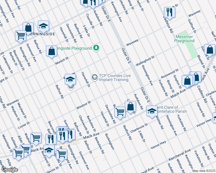 map of restaurants, bars, coffee shops, grocery stores, and more near 3927 3 Mile Drive in Detroit