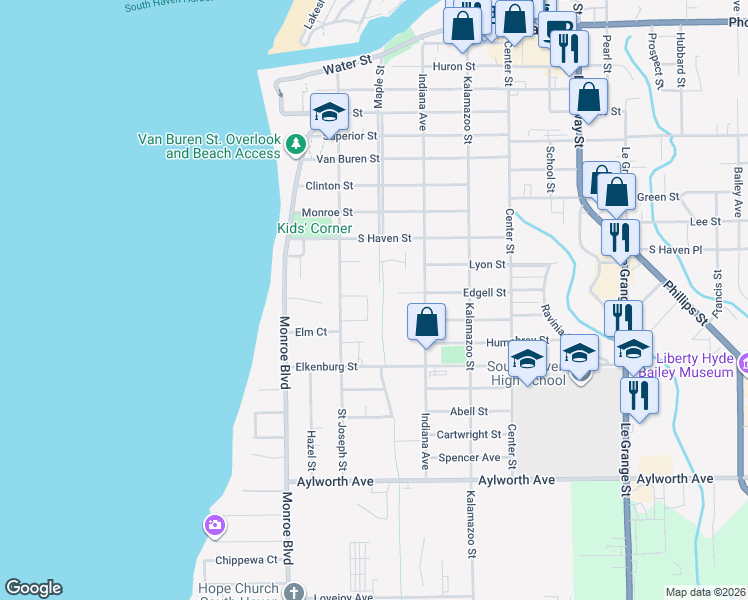 map of restaurants, bars, coffee shops, grocery stores, and more near 104 Orchard Drive in South Haven