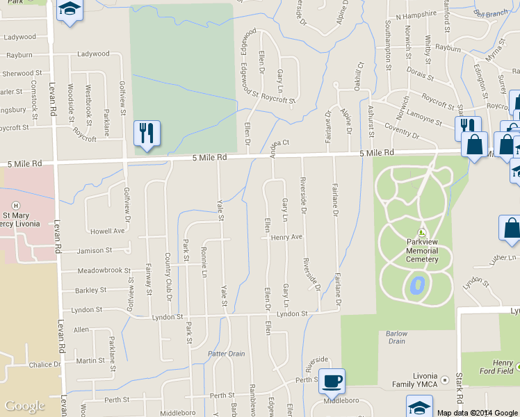 map of restaurants, bars, coffee shops, grocery stores, and more near 15015 Ellen Drive in Livonia