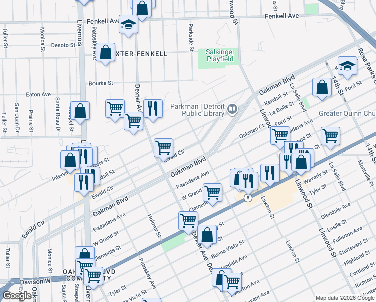map of restaurants, bars, coffee shops, grocery stores, and more near 2063 Ewald Circle in Detroit