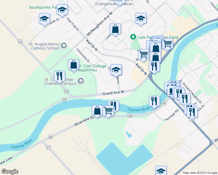 map of restaurants, bars, coffee shops, grocery stores, and more near 955 Grand Avenue West in Chatham