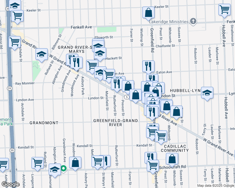 map of restaurants, bars, coffee shops, grocery stores, and more near 15951 Michigan 5 in Detroit
